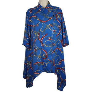 Feratelli Blue Equestrian Zip Tunic Top High Neck Women Size L 3/4 Sleeve FLAW
